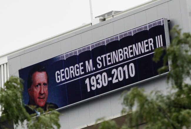 NEW YORK - JULY 13:  A memorial for George Steinbrenner is displayed on a screen July 13, 2010 at Yankee Stadium in the Bronx borough of New York City. Steinbrenner, long time owner of the New York Yankees, died today in Tampa Bay, Florida at the age of 80 after suffering a massive heart attack.  (Photo by Eric Thayer/Getty Images)