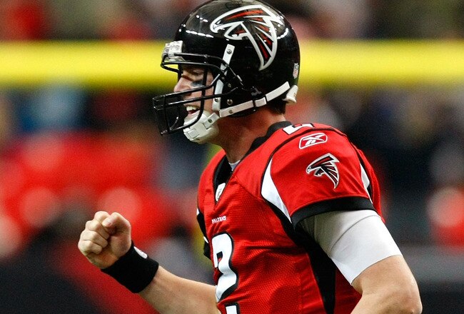 ATLANTA - DECEMBER 27:  Quarterback Matt Ryan #2 of the Atlanta Falcons celebrates after tossing a touchdown against the Buffalo Bills at Georgia Dome on December 27, 2009 in Atlanta, Georgia.  (Photo by Kevin C. Cox/Getty Images)