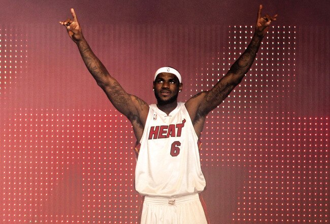 MIAMI - JULY 09:  LeBron James #6 of the Miami Heat is introduced during a welcome party at American Airlines Arena on July 9, 2010 in Miami, Florida.  (Photo by Marc Serota/Getty Images)