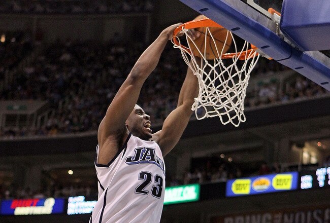 SALT LAKE CITY - APRIL 25:  Wesley Matthews #23 of the Utah Jazz dunks the ball against the Denver Nuggets during Game Four of the Western Conference Quarterfinals of the 2010 NBA Playoffs at EnergySolutions Arena on April 25, 2010 in Salt Lake City, Utah.The Jazz won 117-106.  NOTE TO USER: User expressly acknowledges and agrees that, by downloading and or using this photograph, User is consenting to the terms and conditions of the Getty Images License Agreement.  (Photo by Andy Lyons/Getty Images)
