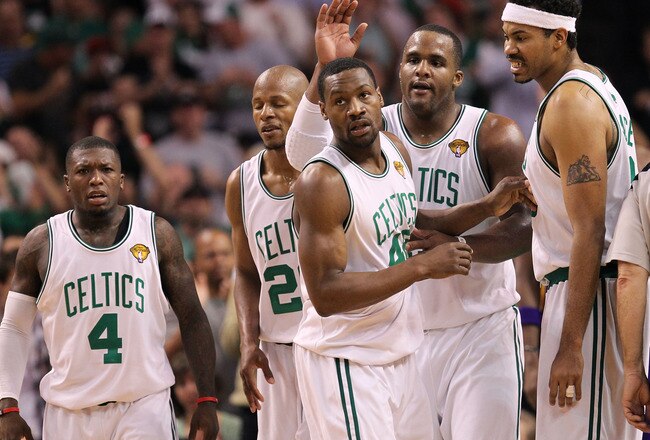 BOSTON - JUNE 10:  (L-R) Nate Robinson #4, Ray Allen #20, Tony Allen #42, Glen Davis #11 and Rasheed Wallace #30 of the Boston Celtics celebrate a play during Game Four of the 2010 NBA Finals against the Los Angeles Lakers on June 10, 2010 at TD Garden in Boston, Massachusetts. NOTE TO USER: User expressly acknowledges and agrees that, by downloading and/or using this Photograph, user is consenting to the terms and conditions of the Getty Images License Agreement.  (Photo by Ronald Martinez/Getty Images)
