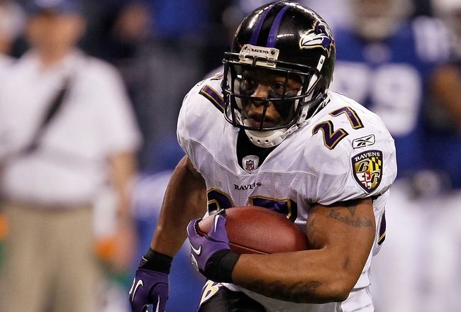 INDIANAPOLIS - JANUARY 16:  Ray Rice #27 of the Baltimore Ravens runs the ball against the Indianapolis Colts in the AFC Divisional Playoff Game at Lucas Oli Stadium on January 16, 2010 in Indianapolis, Indiana.  (Photo by Jonathan Daniel/Getty Images)