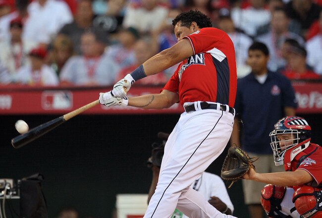 ANAHEIM, CA - JULY 12:  American League All-Star Miguel Cabrera #24 of the Detroit Tigers swings the bat during the second round of the 2010 State Farm Home Run Derby during All-Star Weekend at Angel Stadium of Anaheim on July 12, 2010 in Anaheim, California.  (Photo by Stephen Dunn/Getty Images)