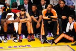 LOS ANGELES, CA - MAY 17:  (L-R) Amar'e Stoudemire, Jared Dudley, Jarron Collins, Grant Hill and Steve Nash of the Phoenix Suns look on from the bench against the Los Angeles Lakers during the fourth quarter in Game One of the Western Conference Finals during the 2010 NBA Playoffs at Staples Center on May 17, 2010 in Los Angeles, California. NOTE TO USER: User expressly acknowledges and agrees that, by downloading and/or using this Photograph, user is consenting to the terms and conditions of the Getty Images License Agreement.  (Photo by Kevork Djansezian/Getty Images)