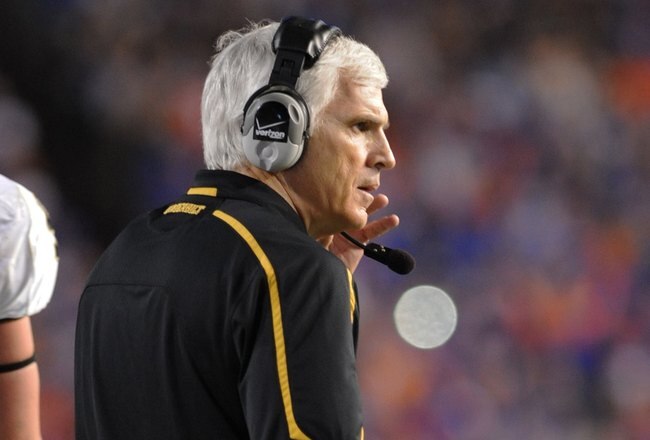GAINESVILLE, FL - NOVEMBER 7: Coach Bobby Johnson of the Vanderbilt Commodores directs play against the Florida Gators on November 7, 2009 at Ben Hill Griffin Stadium in Gainesville, Florida.  (Photo by Al Messerschmidt/Getty Images)