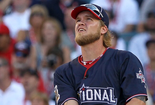 ANAHEIM, CA - JULY 12:  National League All-Star Corey Hart #1 of the Milwaukee Brewers looks on during the first round of the 2010 State Farm Home Run Derby during All-Star Weekend at Angel Stadium of Anaheim on July 12, 2010 in Anaheim, California.  (Photo by Stephen Dunn/Getty Images)