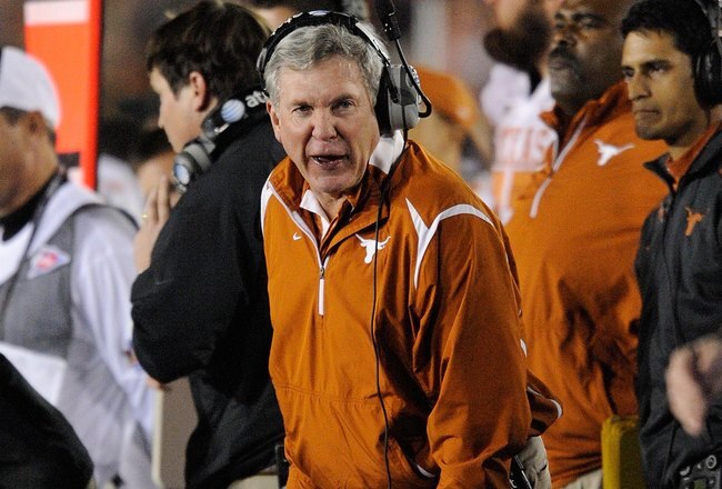 PASADENA, CA - JANUARY 07:  Head Coach Mack Brown of the Texas Longhorns reacts on the sidelines during the Citi BCS National Championship game against the Alabama Crimson Tide at the Rose Bowl on January 7, 2010 in Pasadena, California.  (Photo by Kevork Djansezian/Getty Images)