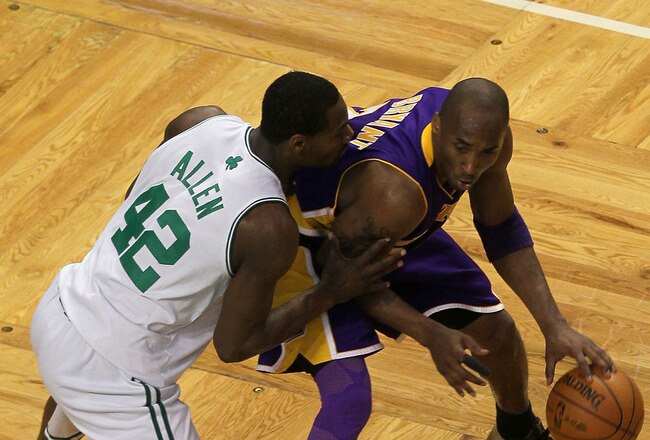 BOSTON - JUNE 13:  Kobe Bryant #24 of the Los Angeles Lakers moves the ball in the first half against Tony Allen #42 of the Boston Celtics during Game Five of the 2010 NBA Finals on June 13, 2010 at TD Garden in Boston, Massachusetts. NOTE TO USER: User expressly acknowledges and agrees that, by downloading and/or using this Photograph, user is consenting to the terms and conditions of the Getty Images License Agreement.  (Photo by Jim Rogash/Getty Images)