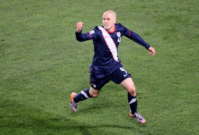 JOHANNESBURG, SOUTH AFRICA - JUNE 18:  Michael Bradley of the United States celebrates scoring his team's second goal during the 2010 FIFA World Cup South Africa Group C match between Slovenia and USA at Ellis Park Stadium on June 18, 2010 in Johannesburg, South Africa.  (Photo by Christof Koepsel/Getty Images)