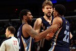 NEW ORLEANS - MARCH 03:  O.J. Mayo #32 and Marc Gasol #33 hold back Rudy Gay #22 of the Memphis Grizzlies after drawing a technical foul for arguing with a referee during the game against the New Orleans Hornets at the New Orleans Arena on March 3, 2010 in New Orleans, Louisiana.  The Grizzlies defeated the Hornets 104-100.  NOTE TO USER: User expressly acknowledges and agrees that, by downloading and/or using this Photograph, User is consenting to the terms and conditions of the Getty Images License Agreement.  (Photo by Chris Graythen/Getty Images)