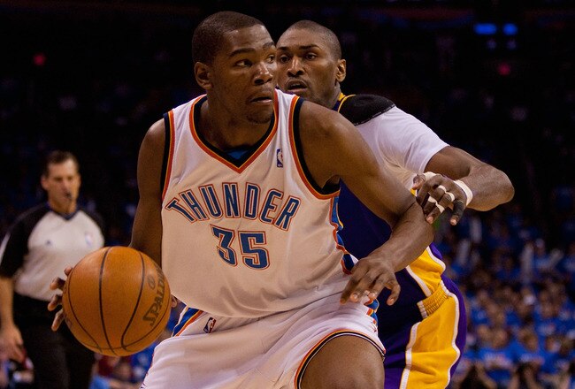 OKLAHOMA CITY - APRIL 30: Kevin Durant #35 of the Oklahoma City Thunder drives to the basket  against Ron Artest #37 of the Los Angeles Lakers during Game Six of the Western Conference Quarterfinals of the 2010 NBA Playoffs on April 30, 2010 at the Ford Center in Oklahoma City, Oklahoma.  The Lakers beat the Thunder 95-94.  NOTE TO USER: User expressly acknowledges and agrees that, by downloading and or using this photograph, User is consenting to the terms and conditions of the Getty Images License Agreement.  (Photo by Dilip Vishwanat/Getty Images)