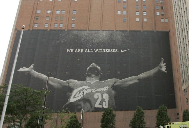 CLEVELAND - JULY 8:  A larger than life photograph of LeBron James is displayed July 8, 2010 in Cleveland, Ohio. The two-time Most Valuable Player has the choice of remaining with the Cleveland Cavaliers or signing with a new team. (Photo by J.D. Pooley/Getty Images)