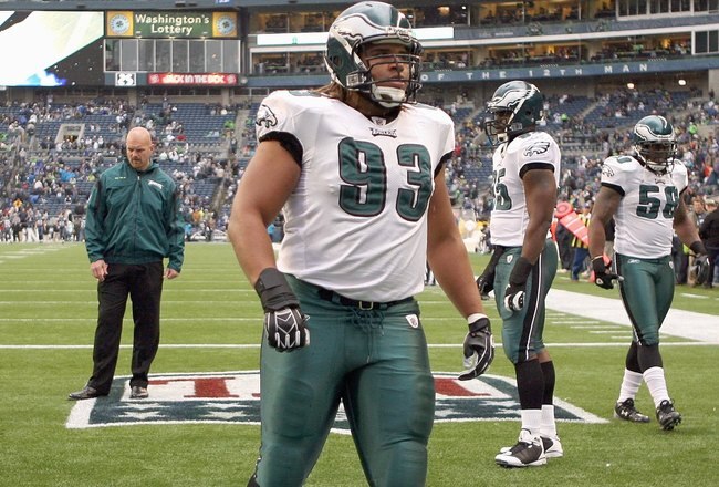 SEATTLE - NOVEMBER 02:  Trevor Laws #93 of the Philadelphia Eagles warms up before the game against the Seattle Seahawks at Qwest Field on November 2, 2008 in Seattle, Washington. (Photo by Otto Greule Jr/Getty Images)