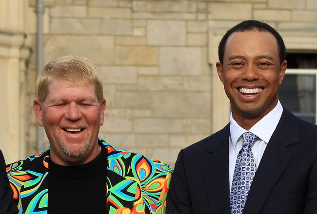ST ANDREWS, SCOTLAND - JULY 13:  (L-R Top Row) Padraig Harrington of Ireland, John Daly of the USA, Tiger Woods of the USA, Bill Rogers of the USA, (L-R Bottom Row) Roberto De Vicenzo of Argentina and Tom Watson of the USA pose for a photo prior to the past champions dinner before the 139th Open Championship on the Old Course, St Andrews on July 13, 2010 in St Andrews, Scotland.  (Photo by David Cannon/Getty Images)