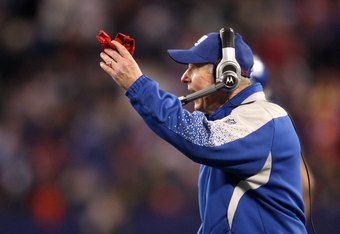 EAST RUTHERFORD, NJ - DECEMBER 13:  Tom Coughlin, head coach of the New York Giants, reacts during the game against the Philadelphia Eagles at Giants Stadium on December 13, 2009 in East Rutherford, New Jersey.  (Photo by Nick Laham/Getty Images)