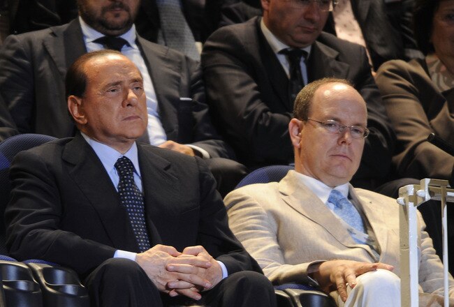 PESCARA, ITALY - JUNE 26:  Italian Prime Minister Silvio Berlusconi and Prince Albert II of Monaco attend the 2009 Mediterranean Games opening ceremony on June 26, 2009 in Pescara, Italy.  (Photo by Getty Images/Getty Images)