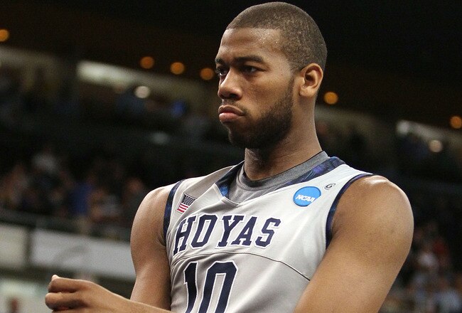 PROVIDENCE, RI - MARCH 18:  Greg Monroe #10 of the Georgetown Hoyas celebrates his basket in the first half against the Ohio Bobcats during the first round of the 2010 NCAA men's basketball tournament on March 18, 2010 at the Dunkin Donuts Arena in Providence, Rhode Island.  (Photo by Elsa/Getty Images)