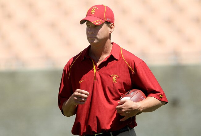 LOS ANGELES, CA - MAY 01:  Head coach Lane Kiffin looks on during the  USC Trojans spring game on  May 1, 2010 at the Los Angeles Memorial Coliseum in Los Angeles, California.  (Photo by Stephen Dunn/Getty Images)
