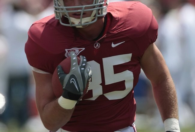 TUSCALOOSA, AL - APRIL 17: Tight end Preston Dial #85 of the Alabama Crimson Tide catches a pass during the Alabama spring game at Bryant Denny Stadium on April 17, 2010 in Tuscaloosa, Alabama. (Photo by Dave Martin/Getty Images)