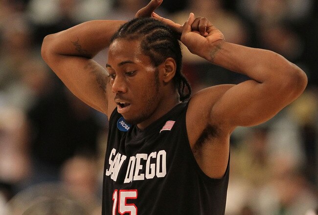 PROVIDENCE, RI - MARCH 18:  Kawhi Leonard #15 of the San Diego State Axtecs reacts against the Tennessee Volunteers during the first round of the 2010 NCAA men's basketball tournament at Dunkin' Donuts Center on March 18, 2010 in Providence, Rhode Island. (Jim Rogash/Getty Images)
