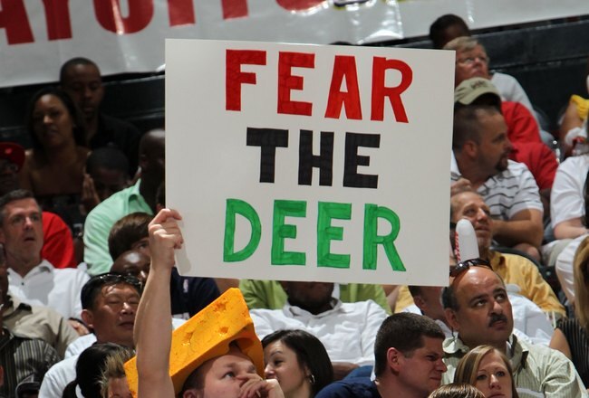ATLANTA - MAY 2:  A fan holds up a 'Fear the Deer' sign during Game Seven of the Eastern Conference Quarterfinals between the Milwaukee Bucks and the Atlanta Hawks during the 2010 NBA Playoffs at Philips Arena on May 2, 2010 in Atlanta, Georgia. NOTE TO USER: User expressly acknowledges and agrees that, by downloading and/or using this photograph, user is consenting to the terms and conditions of the Getty Images License Agreement.  (Photo by Mike Zarrilli/Getty Images)