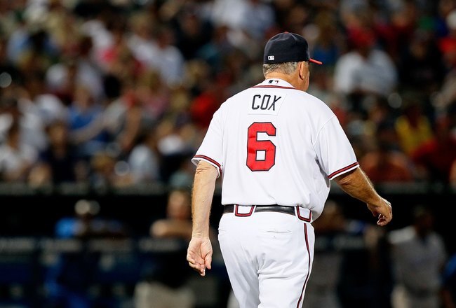 ATLANTA - JUNE 19:  Manager Bobby Cox #6 of the Atlanta Braves against the Kansas City Royals at Turner Field on June 19, 2010 in Atlanta, Georgia.  (Photo by Kevin C. Cox/Getty Images)