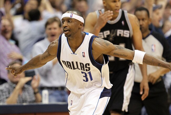 DALLAS - APRIL 21:  Guard Jason Terry #31 of the Dallas Mavericks reacts after scoring a three point shot against the San Antonio Spurs in Game Two of the Western Conference Quarterfinals during the 2010 NBA Playoffs at American Airlines Center on April 21, 2010 in Dallas, Texas.  NOTO TO USER:  User expressly acknowledges and agrees that, by downloading and or using this photograph, User is consenting to the terms and conditions of the Getty Images License Agreement.  (Photo by Ronald Martinez/Getty Images)