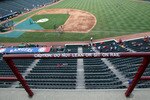 ARLINGTON, TX - JULY 07:  A caution sign on the railing in section 235 before a game between the Cleveland Indians and the Texas Rangers on July 7, 2010 at Rangers Ballpark in Arlington, Texas.  (Photo by Ronald Martinez/Getty Images)