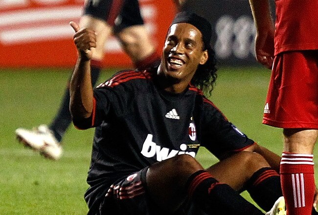 CHICAGO - MAY 30:  Ronaldinho #80 of AC Milan reacts after being knocked down in the second half while taking on the Chicago Fire during an international friendly at Toyota Park on May 30, 2010 in Chicago, Illinois.  (Photo by Maxx Wolfson/Getty Images)