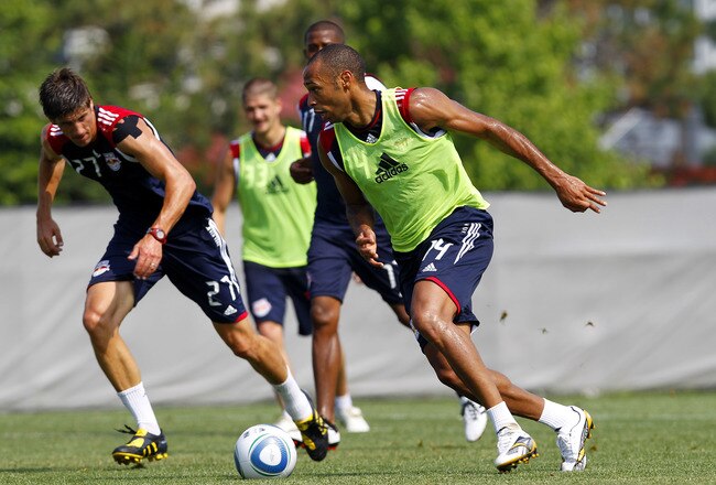 MONTCLAIR, NJ - JULY 16:  Thierry Henry #14 of the New York Red Bulls practices with the team for the first time at Montclair State University on July 16, 2010 in Montclair, New Jersey.  (Photo by Chris Trotman/Getty Images for New York Red Bulls)