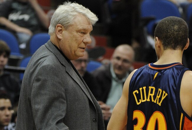 MINNEAPOLIS, MN - APRIL 7: Head coach Don Nelson of the Golden State Warriors speaks with Stephen Curry #30 on the sidelines in the second half against the Minnesota Timberwolves during a basketball game at Target Center on April 7, 2010 in Minneapolis, Minnesota. The Warriors defeated the Timberwolves 116-107. NOTE TO USER: User expressly acknowledges and agrees that, by downloading and or using this Photograph, user is consenting to the terms and conditions of the Getty Images License Agreement.  (Photo by Hannah Foslien /Getty Images)