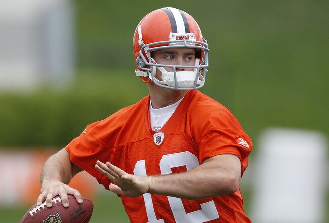 BEREA, OH - MAY 01:  Colt McCoy #12 of the Cleveland Browns gets ready to throw a pass during rookie mini camp at the Cleveland Browns Training and Administrative Complex on May 1, 2010 in Berea, Ohio.  (Photo by Gregory Shamus/Getty Images)