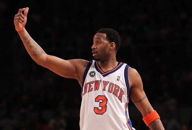 NEW YORK - FEBRUARY 20:  Tracy McGrady #3 of the New York Knicks gestures against the Oklahoma City Thunder at Madison Square Garden on February 20, 2010 in New York, New York. NOTE TO USER: User expressly acknowledges and agrees that, by downloading and or using this photograph, User is consenting to the terms and conditions of the Getty Images License Agreement.  (Photo by Nick Laham/Getty Images)