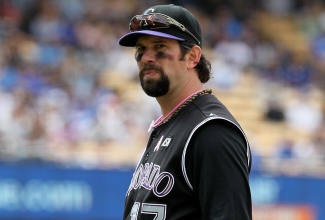 LOS ANGELES, CA - MAY 09:  Todd Helton #17 of the Colorado Rockies looks on against the Los Angeles Dodgers at Dodger Stadium on May 9, 2010 in Los Angeles, California.  (Photo by Jeff Gross/Getty Images)