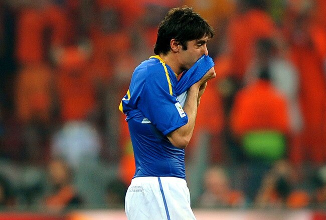 PORT ELIZABETH, SOUTH AFRICA - JULY 02:  Kaka of Brazil is dejected after being knocked out of the tournament during the 2010 FIFA World Cup South Africa Quarter Final match between Netherlands and Brazil at Nelson Mandela Bay Stadium on July 2, 2010 in Nelson Mandela Bay/Port Elizabeth, South Africa.  (Photo by Laurence Griffiths/Getty Images)