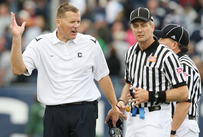 EAST HARTFORD, CT - OCTOBER 31:  Head coach Randy Edsall of the Connecticut Huskies reacts to a call in the second half against the Rutgers Scarlet Knights on October 31, 2009 at Rentschler Field in East Hartford, Connecticut. Rutgers defeated Connecticut 28-24.   (Photo by Elsa/Getty Images)