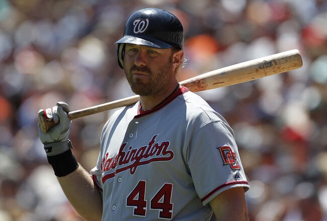 DETROIT - JUNE 17:  Adam Dunn #44 of the Washington Nationals get ready to bat in the seventh inning during the game against the Detroit Tigers on June 17, 2010 at Comerica Park in Detroit, Michigan. The Tigers defeated the Nationals 8-3. (Photo by Leon Halip/Getty Images)
