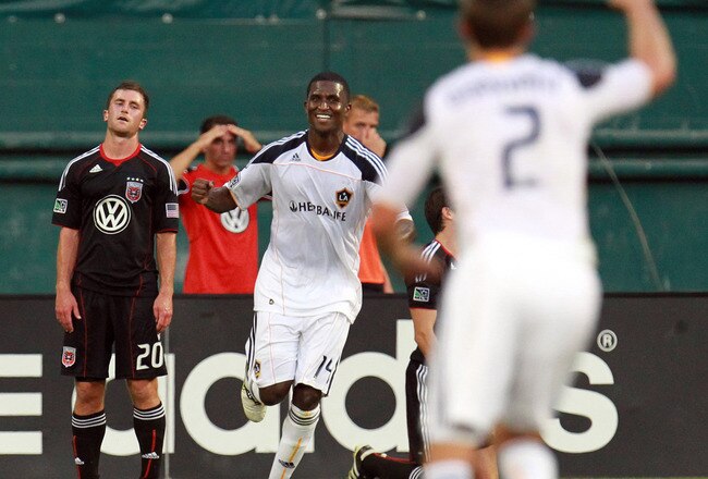 WASHINGTON - JULY 18: Edson Buddle #14 of the Los Angeles Galaxy celebrates after a goal against D.C. United at RFK Stadium on July 18, 2010 in Washington, DC. (Photo by Ned Dishman/Getty Images)