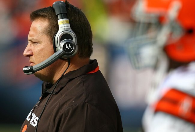 CHICAGO - NOVEMBER 01: Head coach Eric Mangini of the Cleveland Browns watches as his team takes on the Chicago Bears at Soldier Field on November 1, 2009 in Chicago, Illinois. The Bears defeated the Browns 30-6. (Photo by Jonathan Daniel/Getty Images)