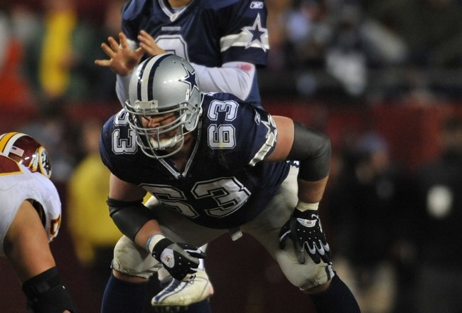 LANDOVER, MD - DECEMBER 27:  Kyle Kosier #63 of the Dallas Cowboys defends against the Washington Redskins at FedExField on December 27, 2009 in Landover, Maryland. The Cowboys defeated the Redskins 17-0. (Photo by Larry French/Getty Images)