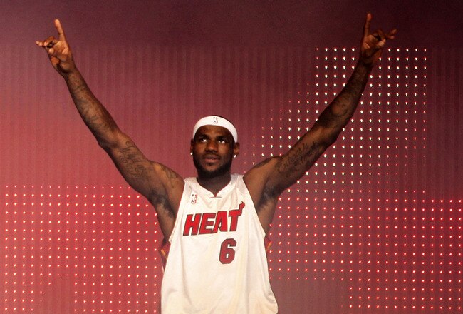 MIAMI - JULY 09:  LeBron James #6 of the Miami Heat is introduced during a welcome party at American Airlines Arena on July 9, 2010 in Miami, Florida.  (Photo by Marc Serota/Getty Images)