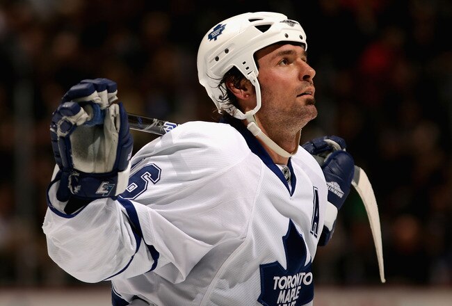 ANAHEIM, CA - JANUARY 09:  Darcy Tucker #16 of the Toronto Maple Leafs reacts during the NHL game against the Anaheim Ducks at Honda Center on January 9, 2008 in Anaheim, California.  (Photo by Christian Petersen/Getty Images)