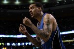 BOSTON - MAY 28:  Matt Barnes #22 of the Orlando Magic reacts after was called for a defensive foul  against the Boston Celtics in Game Six of the Eastern Conference Finals during the 2010 NBA Playoffs at TD Garden on May 28, 2010 in Boston, Massachusetts.  NOTE TO USER: User expressly acknowledges and agrees that, by downloading and/or using this Photograph, user is consenting to the terms and conditions of the Getty Images License Agreement.  (Photo by Elsa/Getty Images)