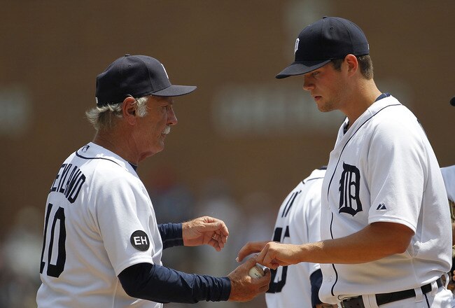 DETROIT - JULY 11: Detroit Tigers manager Jim Leyland #11 takes the ball from Andy Oliver #41 during the fifth inning of the game against the Minnesota Twins on July 11, 2010 at Comerica Park in Detroit, Michigan. the Twins defeated the Tigers 6-3. (Photo by Leon Halip/Getty Images)