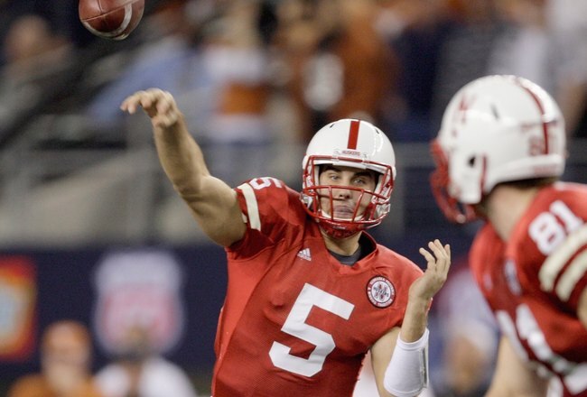 ARLINGTON, TX - DECEMBER 5: Eric Hagg #28 of the Nebraska Cornhuskers catches the ball for an interception in the first quarter against the Texas Longhorns at Cowboys Stadium on December 5, 2009 in Arlington, Texas. (Photo by Jamie Squire/Getty Images)