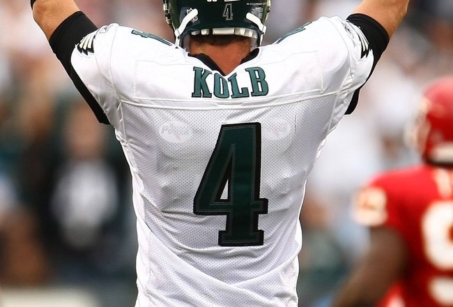 PHILADELPHIA - SEPTEMBER 27: Kevin Kolb #4 of the Philadelphia Eagles celebrates a touchdown against the Kansas City Chiefs on September 27, 2009 at Lincoln Financial Field in Philadelphia, Pennsylvania.  (Photo by Chris McGrath/Getty Images)