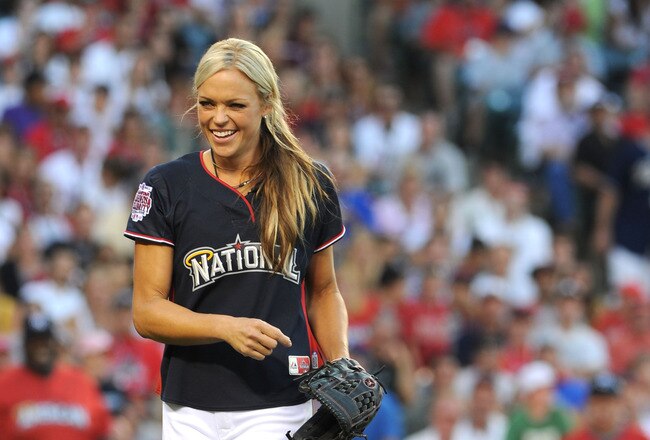 ANAHEIM, CA - JULY 11:  Softball Olympic gold medalist Jennie Finch pitches during the MLB All Star Game Celebrity Softball Game at Angels Stadium of Anaheim on July 11, 2010 in Anaheim, California.  (Photo by Michael Buckner/Getty Images)