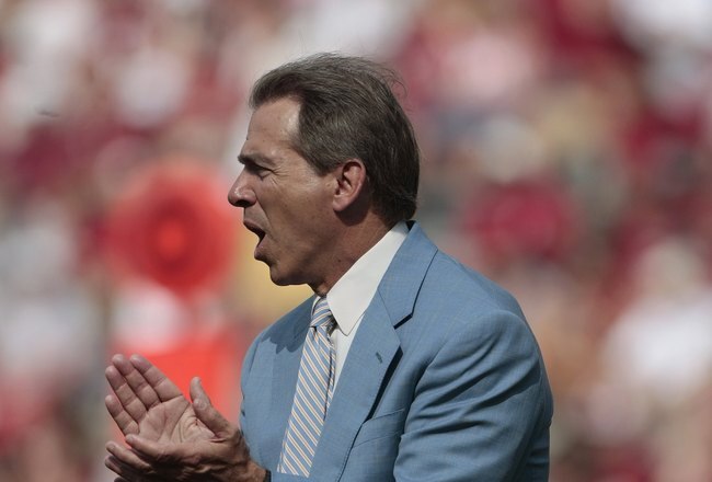 TUSCALOOSA, AL - APRIL 17:  Coach Nick Saban of the Alabama Crimson Tide reacts during the Alabama spring game at Bryant Denny Stadium on April 17, 2010 in Tuscaloosa, Alabama. (Photo by Dave Martin/Getty Images)
