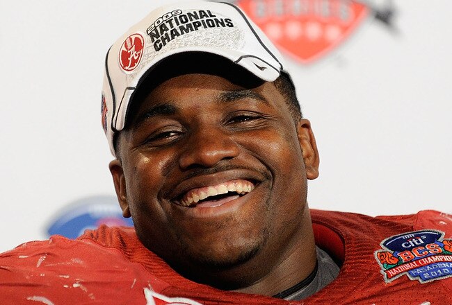 PASADENA, CA - JANUARY 07:  Defensive lineman Marcell Dareus #57 of the Alabama Crimson Tide speaks during a press conference after winning the Citi BCS National Championship game over the Texas Longhorns at the Rose Bowl on January 7, 2010 in Pasadena, California. The Crimson Tide defeated the Longhorns 37-21.  (Photo by Kevork Djansezian/Getty Images)