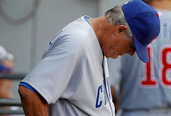CHICAGO - JUNE 27: Manager Lou Piniella #41 of the Chicago Cubs paces in the dugout during a game against the Chicago White Sox at U.S. Cellular Field on June 27, 2010 in Chicago, Illinois. The Cubs defeated the White Sox 8-6. (Photo by Jonathan Daniel/Getty Images)
